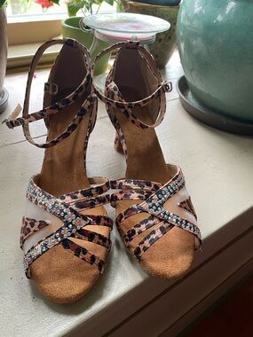 Leopard Print Ankle-Strap Heels with Rhinestone Detail - Brown